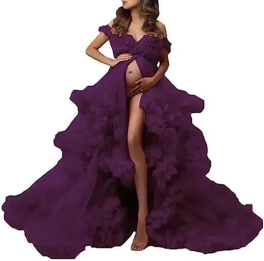 MQTIME  -   Sexy Maternity Gowns Photoshoot V Neck Ruffles A Line Sweep Train Tulle Pregnant Women Maternity Dresses for Photo Shoot