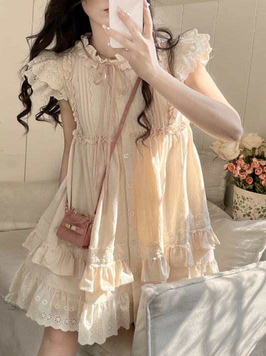 nvxiot Summer Lolita Kawaii Mini Dress Women Flying Sleeve Japanese Sweet Cute Dress Female Korean Style Ruched Fairy Dress 2023 New