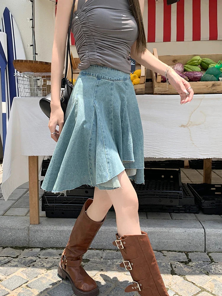 MQTIME  - Vintage Irregular Denim Skirt Y2k High Wasit Pleated A-line Summer Skirts for Women Sexy Girl Washed Aesthetics Clothes