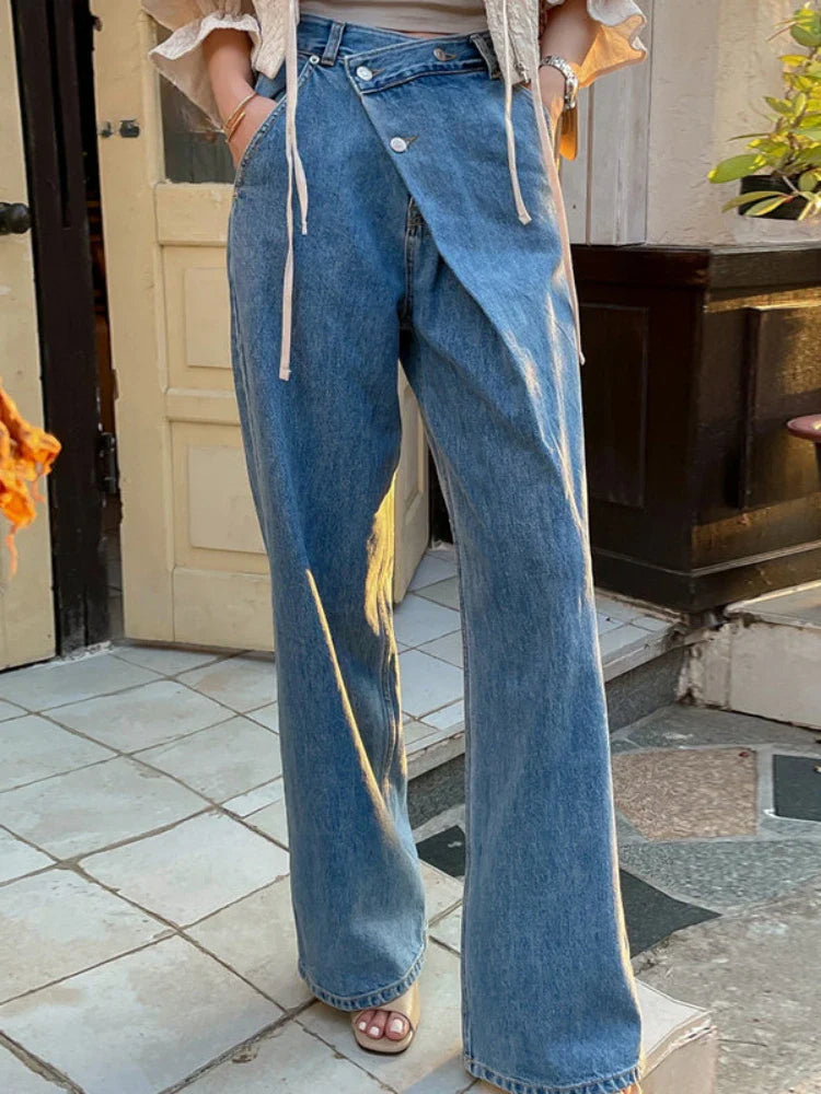 nvxiot  -  Women Vintage Korean Jeans Long Pants Spring Summer High Waisted Diagonal Buckle Loose Straight Leg Pants Baggy Casual Trousers