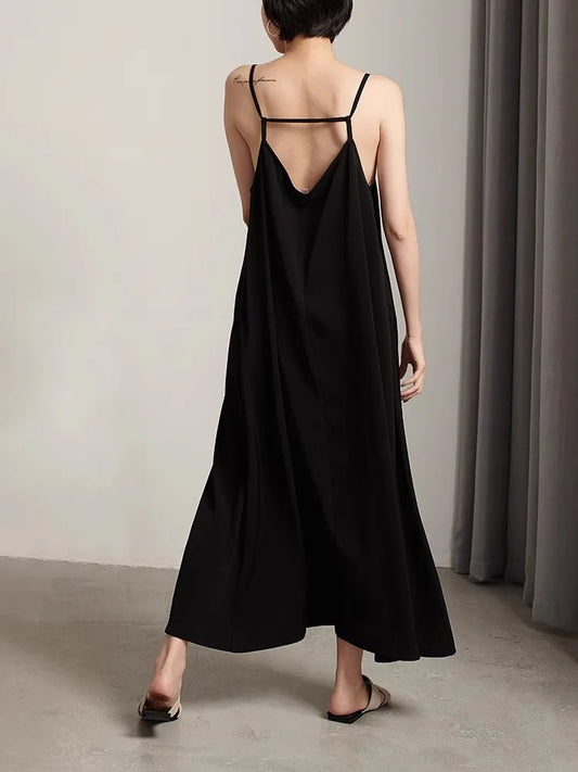 nvxiot  -  Black Backless Camisole Dress For Women'S Summer New Design Sense, Niche Fairy Beautiful Back Camisole Long Dress