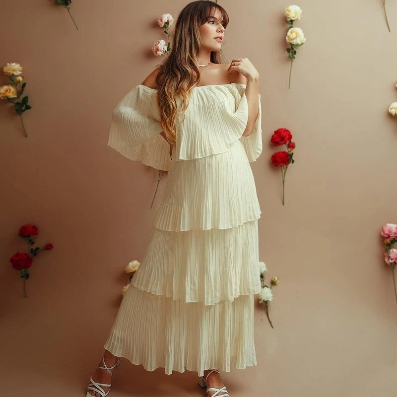 nvxiot Maternity Photography Long Dresses Ruffles One Shoulder Dress Pregnancy Pregnant Women for Baby Shower Photo Shoot Accessories