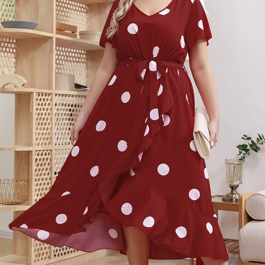 nvxiot Polka Dot Simple Plus Size Dress Fashion Elastic Waist Print Temperament Skirt Women V Neck Tie Waist Floor Length Skirt 4XL