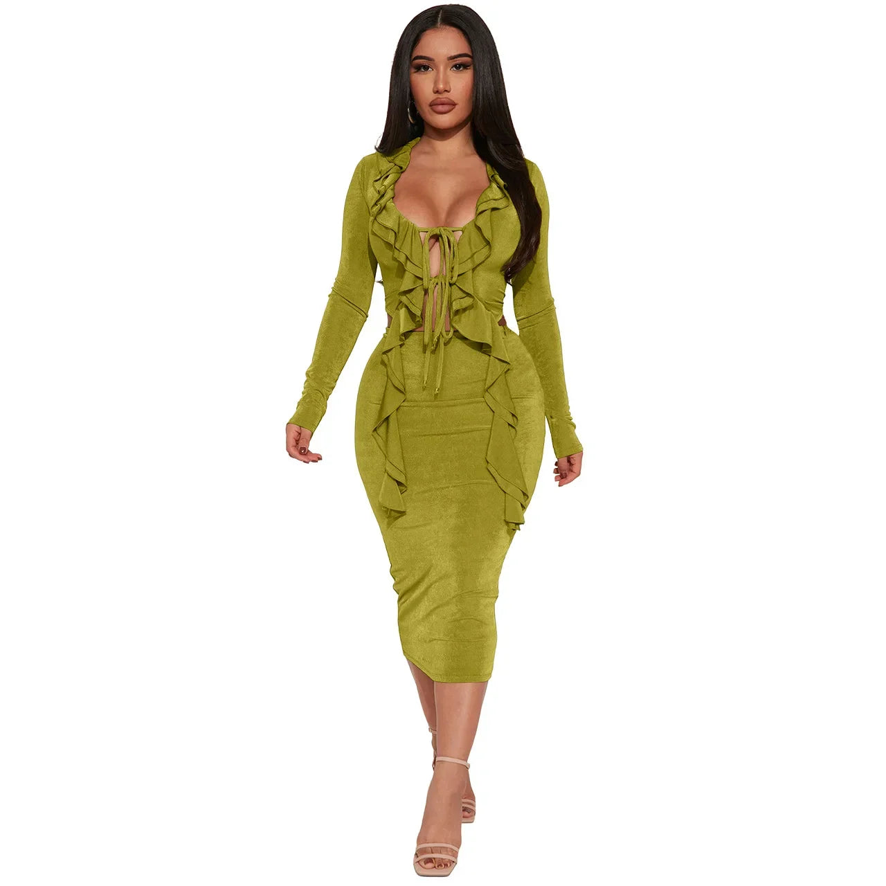 nvxiot  - Elegant Sexy Solid Ruffles 2 Piece Set Women Lace Up V Neck Long Sleeve Ribbon Shirt Crop Top High Waist Slim Bodycon Maxi Skirt