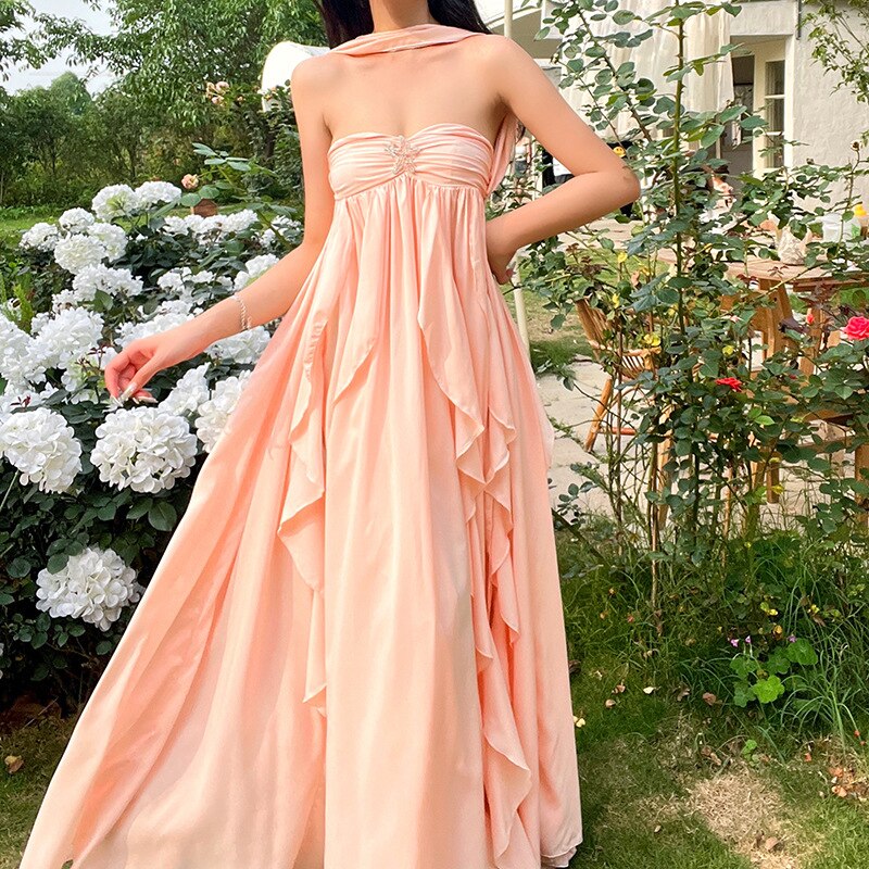 nvxiot Y2K Ruffles Fairy Dress Women Pink Mesh Strapless Maxi Dress Summer Irregular Sexy Backless Party Dress 2023 Summer Beach Outfit