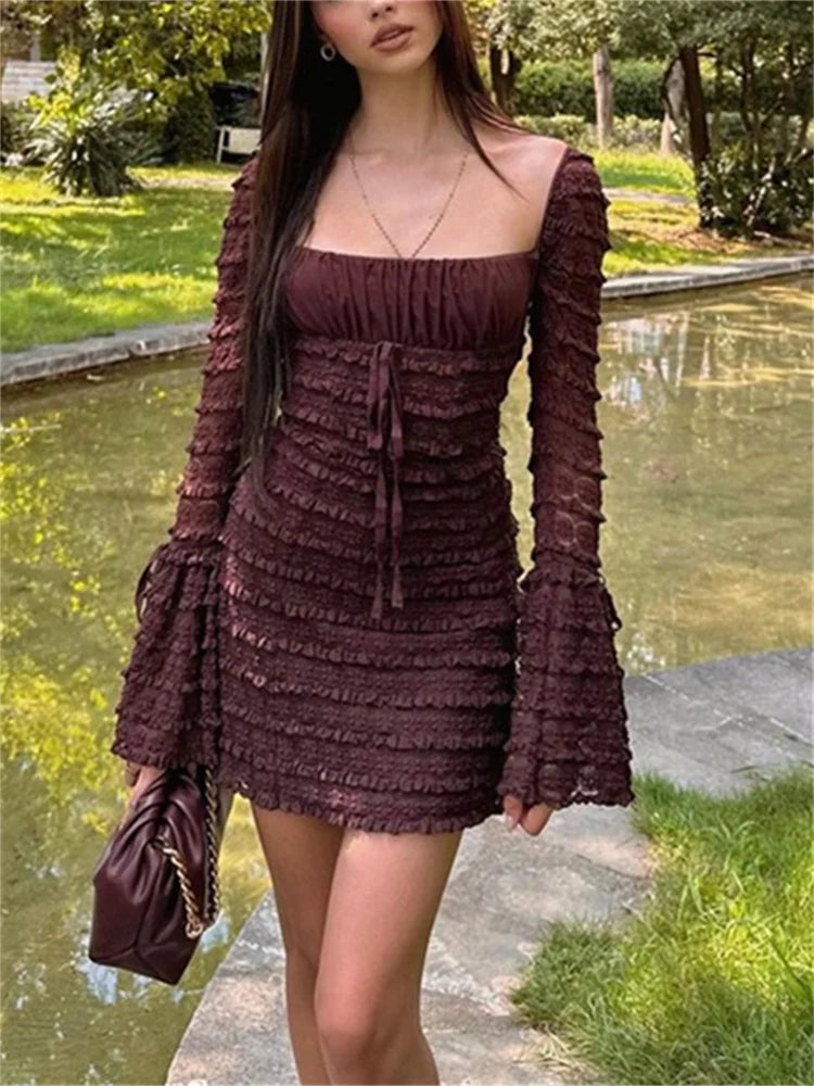 nvxiot - Solid Dresses for Women New Fashion Vintage Loose Square Collar Long Sleeve Elegant Dress Casual Lace Up Backless Dress