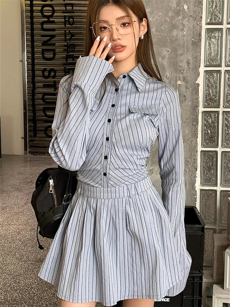 nvxiot-Elegant Vintage Blue Striped Women Mini Dresses Autumn Fashion 2023 New Pleated Long Sleeve Holiday Party Shirt Dress Korean