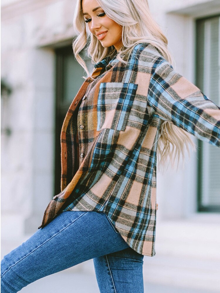 nvxiot Plaid Casual Chic Shirt Blouses Thick Warm Autumn Spring Long Sleeve Women Pockets Khaki Ladies Shirt Tops Blusas NEW