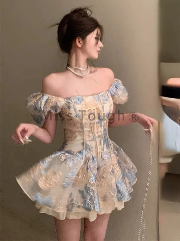 nvxiot Square Neck Elegant Sweet New Dress Women Fairy Bow Party Mini Dress Female Short Sleeve Print Fashion Boho Beach Dress Summer