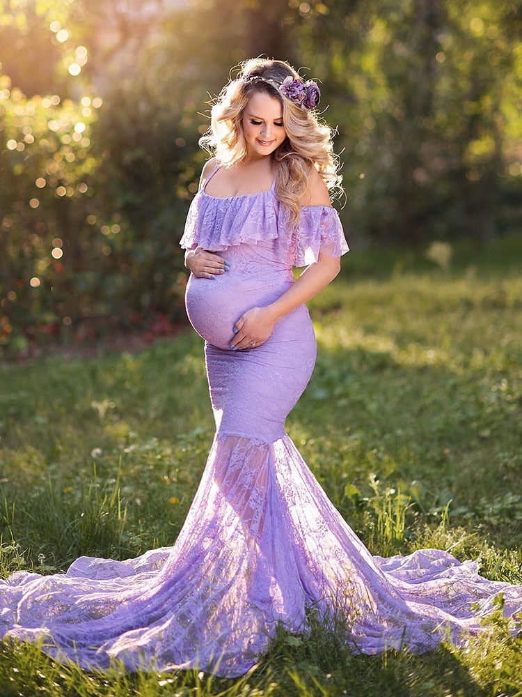 nvxiot Mermaid Maternity Lace Gown Pregnant Women Off Shoulder Strap Ruffles Maxi Photography Dress Elegant Pregnancy Dress Photo Prop