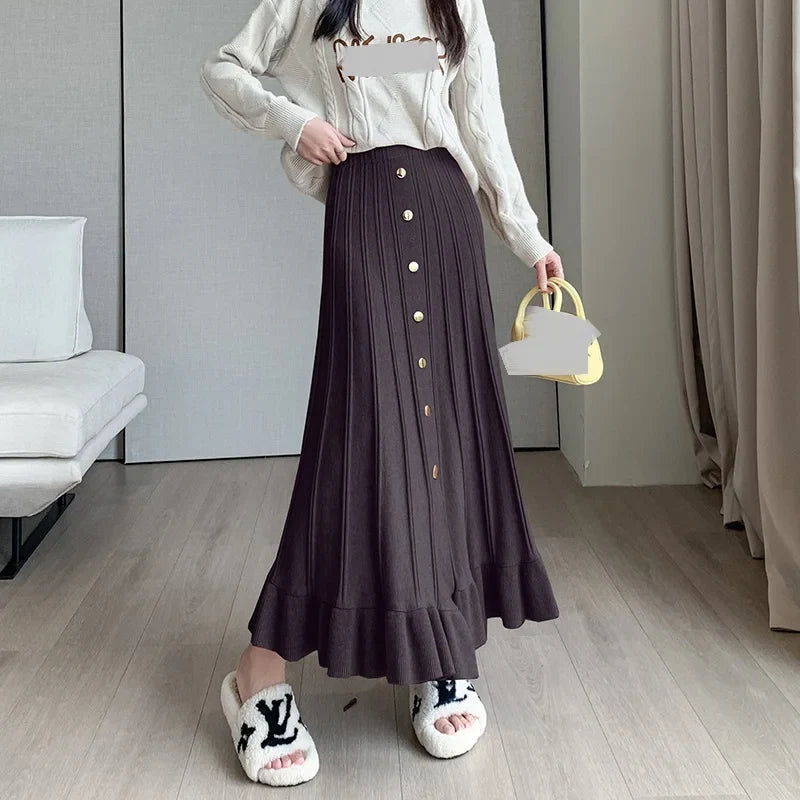 nvxiot  -  Thickened knitted half length skirt for women, autumn and winter slim A-line skirt, large swing skirt