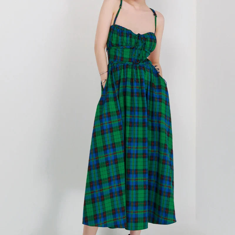 nvxiot  - Vintage Green Plaid Dresses Women Midi Sexy Backless Beach French Victorian Dress Retro Elegant Lace-up Long Strap Dress