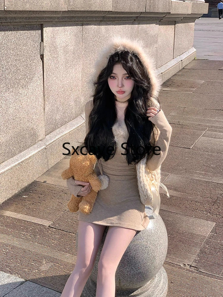 nvxiot 2024 Autumn Elegant Knitted Short Party Dress Women Casual Long Sleeve Sweet Bodycon Y2k Mini Dress Hooded Faux Fur Korean Chic