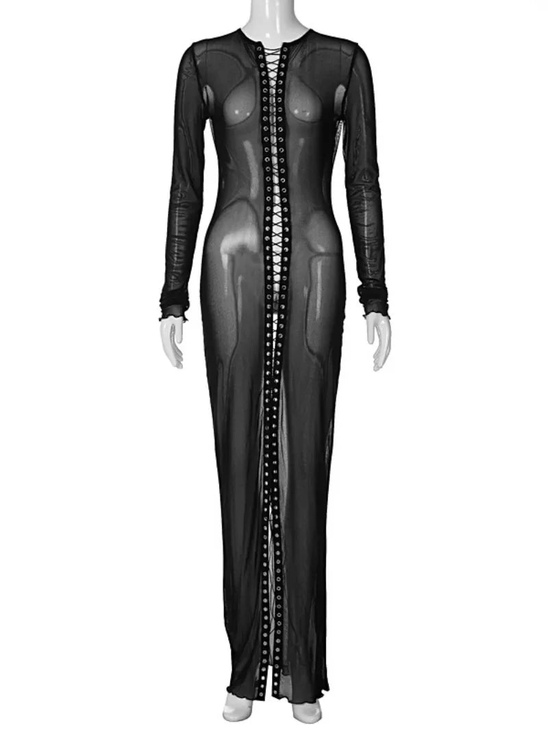 nvxiot Sexy Women Hollow Out Bandage Black Mesh Dress 2024 O-neck Long Sleeve Bodycon Lace-up See-through Party Night Club Dresses