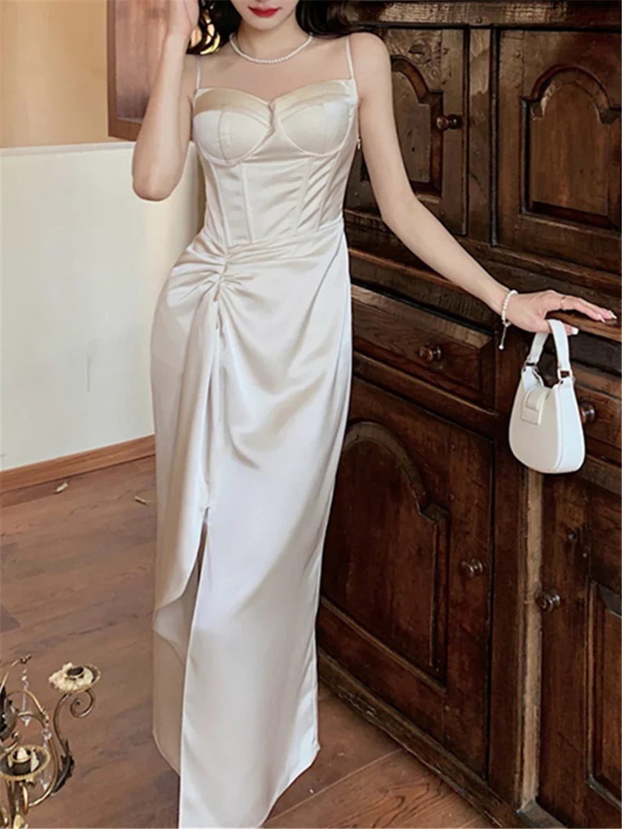 nvxiot-Elegant Vintage Midi Dresses for Women Sleeveless Fashion Spli Solid Square Collar Spaghetti Strap Party Dress New Summer 2024