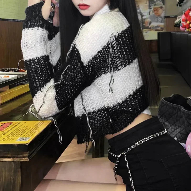 MQTIME  -   Gothic Sweater for Women Punk Style Striped Long Sleeve Top Hollow Out Knitted Clothes y2k 2000s Pullover Streetwear