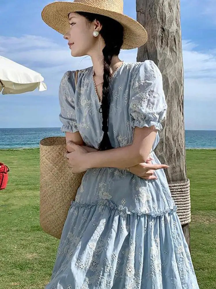 nvxiot  -  2024 Summer Women Sweet Blue Splicing Short-sleeved Embroidered Pleated Dress V-neck High Waist Ruffles Party Long Dresses Boho