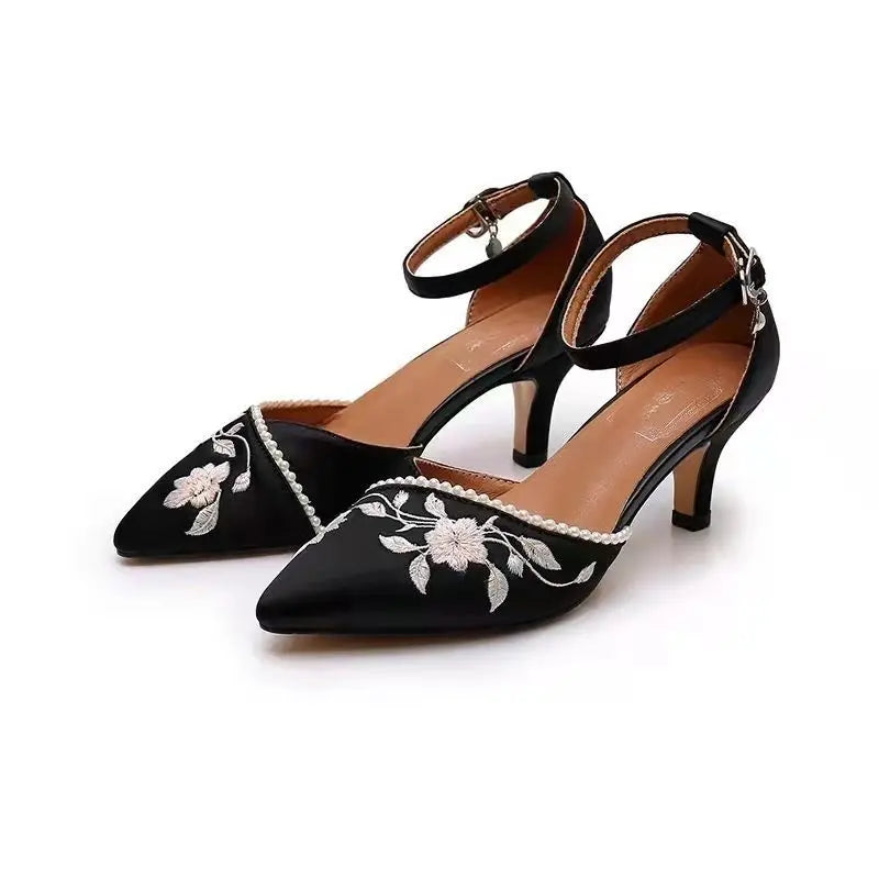 nvxiot  -  Pointed Thin Middle Heel 2024One Line Buckle Toe Sandals Embroidered Flower Shoes Retro Single Shoes