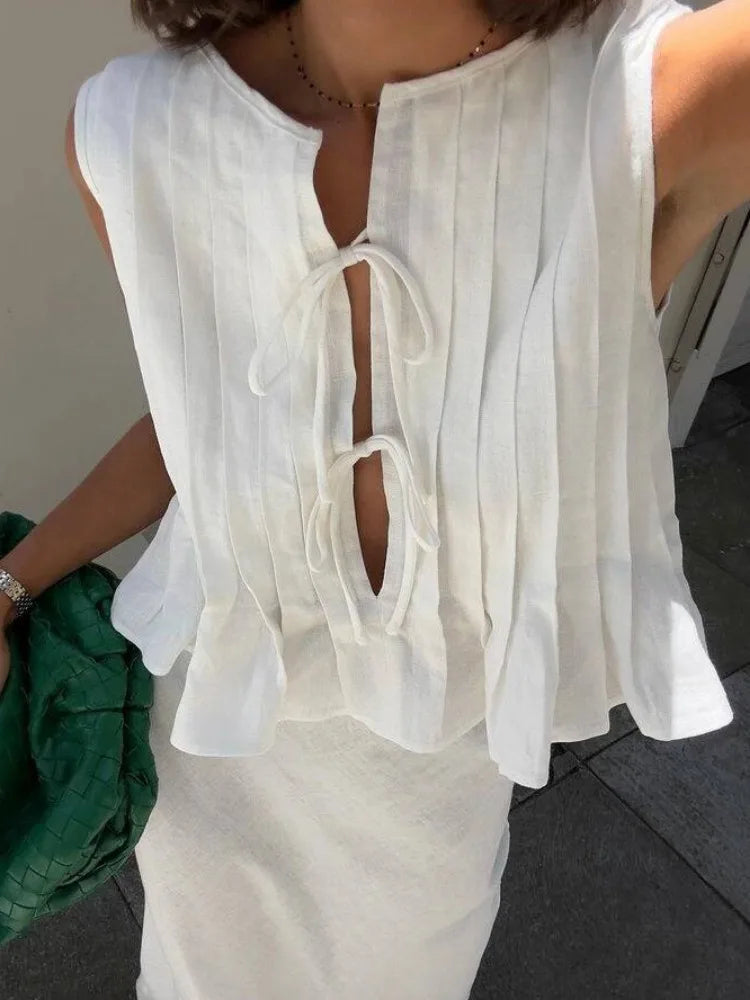 nvxiot  -  White Cotton Linen Shirt for Women Elegant Sexy Sleeveless Lace Up Blouse Summer Fashion Pleated Causal Holiday Shirts 2024