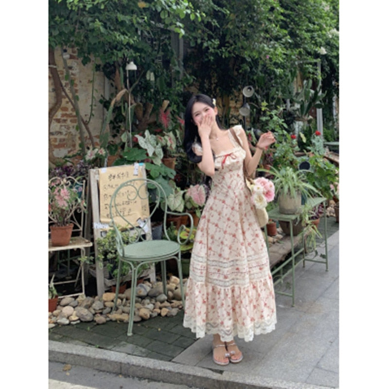 nvxiot High Quality Fashion Runway Summer Dress French Vintage Country Bucolic Lace Print Halter Dress Women