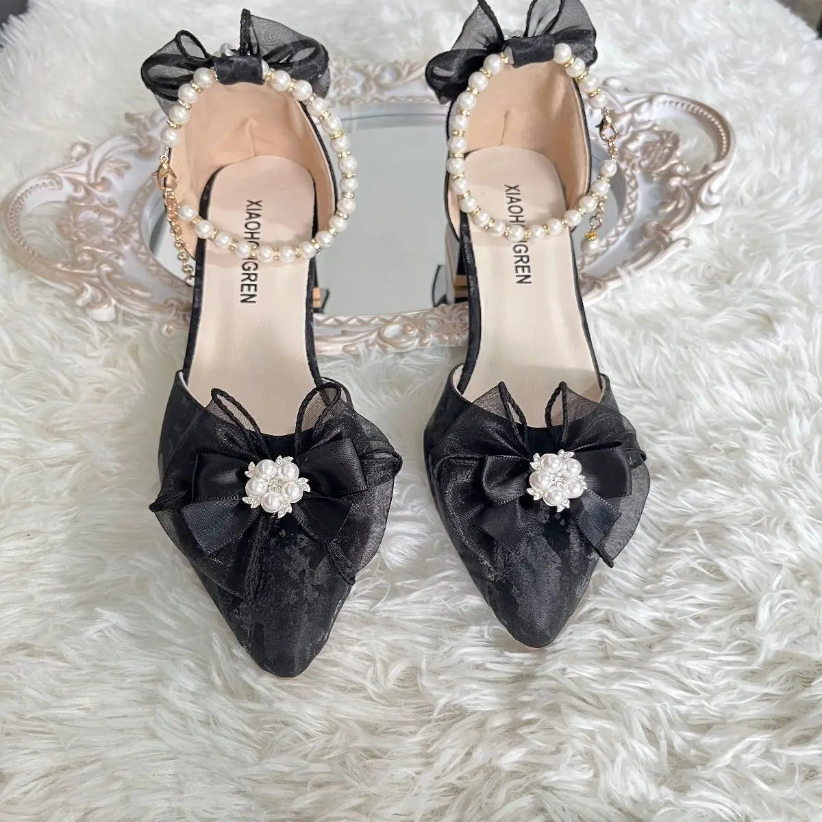 nvxiot Bow Wedges Shoes for Women Pearl White Y2k Lolita Slingback Shoes Women Kitten Heel Japanese School Shoes