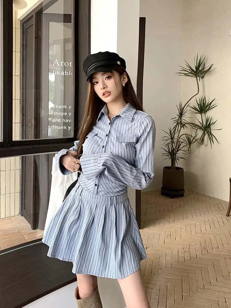 nvxiot-Elegant Vintage Blue Striped Women Mini Dresses Autumn Fashion 2023 New Pleated Long Sleeve Holiday Party Shirt Dress Korean