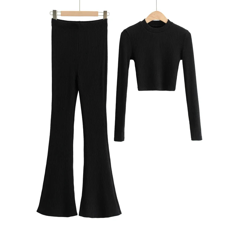 nvxiot Spring womens fashion sexy 2 piece sets womens outfits vacation long sleeve crop top two piece sets flare pants women