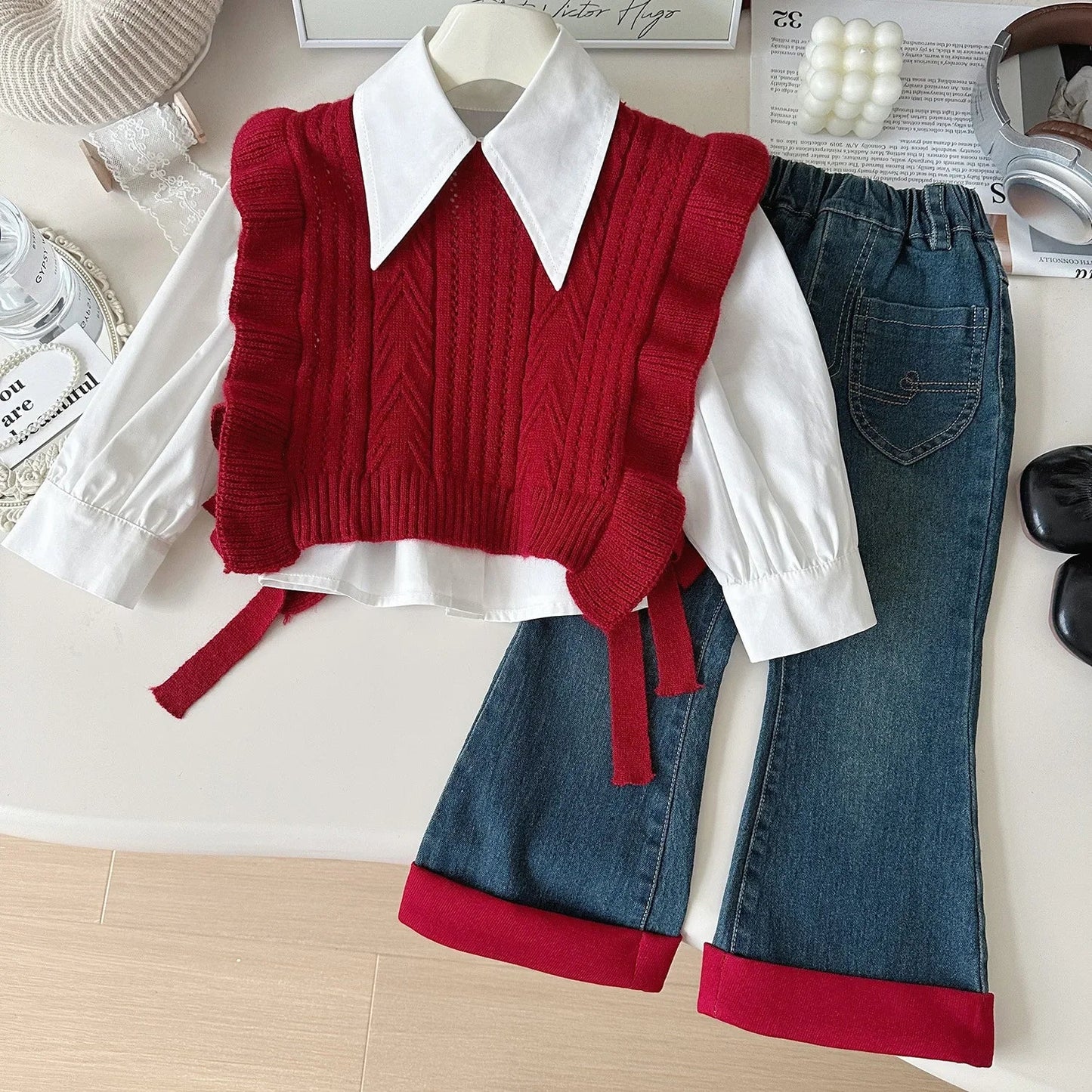 MQTIME  -  3Pcs Girls Suits Autumn Winter Long Sleeve Shirt+Knitted Sweaters Vest+Jeans Children Casual Costumes Toddler Girl Outfits Set