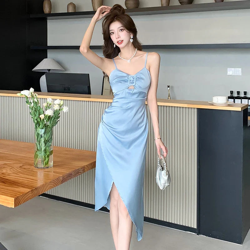 MQTIME  -  2024 Summer New Sparkling Satin Split Wrap Hip Strap Dress with Blue Heart Neck Fold Holiday Dress Party Dress for women