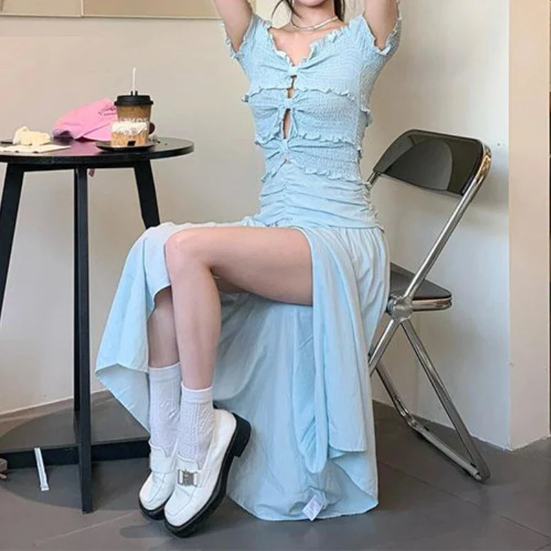 nvxiot  -   Sweet Ruffle Blue Woman Dress Vintage Sexy Hotsweet Long Dress Party Vacation Pleated Slash Neck Chic Summer Boho Dress