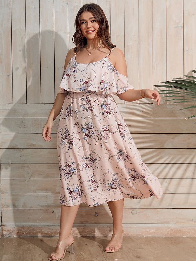 nvxiot Floral Print Cold Shoulder Ruffle Trim Dress Plus Size Women's Summer High Waist Cami Even Dress