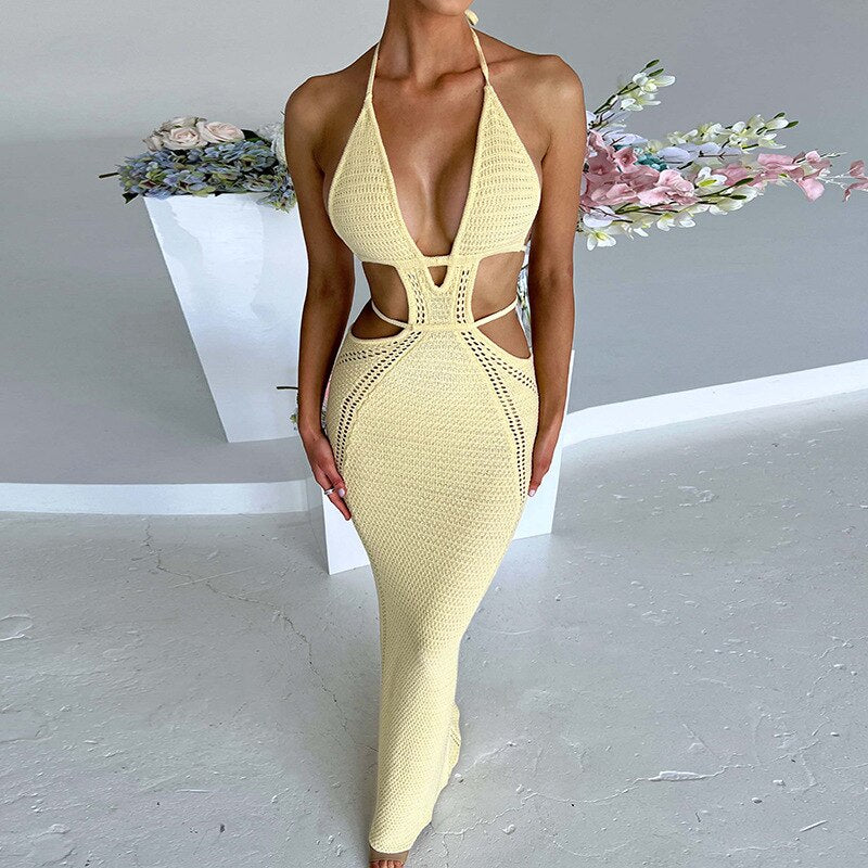 nvxiot 2023 Summer Beach Dress For Women Elegant Sleeveless Backless Halter Lace Up Sexy Boho Dresses White Knitted Long Dress