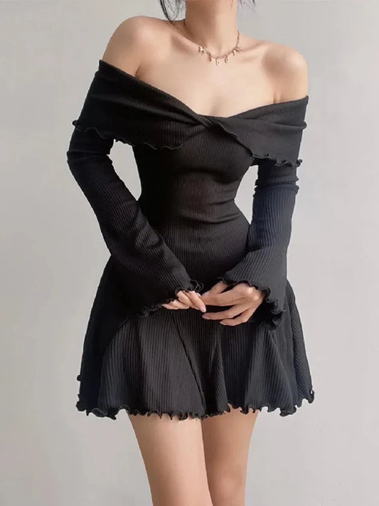 nvxiot-2024 New Retro Gothic Elegant Dress Women Aesthetic Fairy Edible Tree Fungus The Shoulder Long Sleeve High Waist A-line Dresses