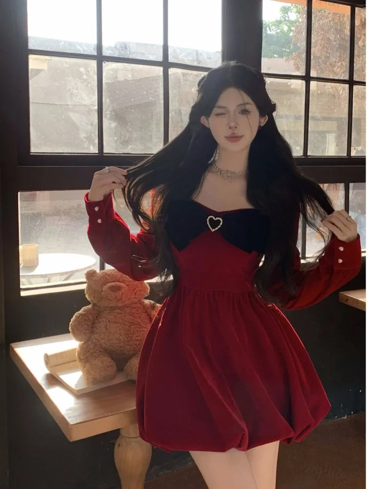 nvxiot Women's Red Velvet Dresses Square Collar Long Sleeve Bow Heart Design Mini Dress Autumn Winter Female Party Dress Christmas