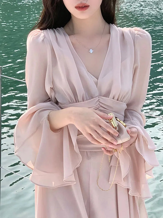 nvxiot Chiffon Dresses for Women Long Sleeve Casual Fashion Dress Fairycore Solid Ruffles Midi V Neck New Spring Summer Dress