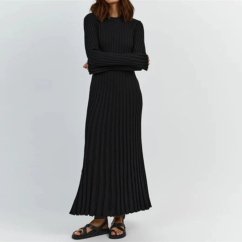 nvxiot 90s Vintage Tie Waist Dress Women Elegant Ribbed Knit Full Sleeve Maxi Dress Crew Neck Bodycon Pencil Long Dress Streetwear