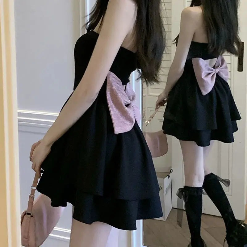 nvxiot-Summer Black Strap Kawaii Dress Women Casual Bow Sweet Party Mini Dress Female Casual Korean Fashion Elegant Cute Dress 2024