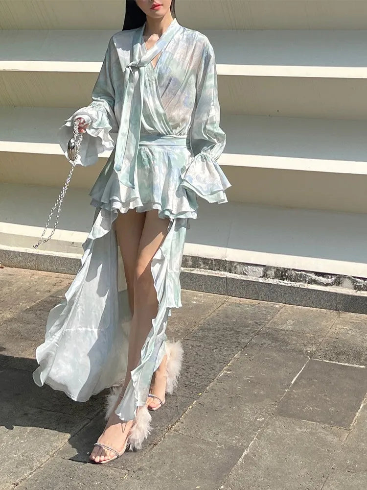 nvxiot  - Printed Flowy Ruffles Front Short Back Long Flared Sleeves Holiday Dress