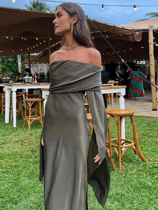 nvxiot Off Shoulder Backless Pleated Satin Maxi Dresses For Women Elegant Split Long Sleeve Dress Green Dress Lady Party Club Vestidos