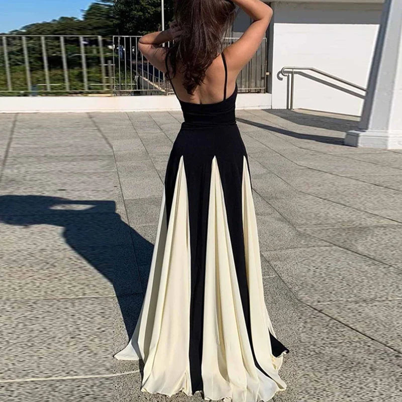 nvxiot Chic Spaghetti Strap Maxi Dresses Elegant Ladies Fashion Classy Gown Party Evening Long Dress Vintage Patchwork A-line Dress