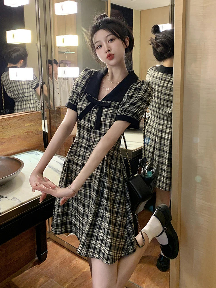 nvxiot  -  2024 Summer New Fashionable French Slimming Large Bow Bubble Sleeves Black and White Plaid Dress V-neck Short Skirt for women