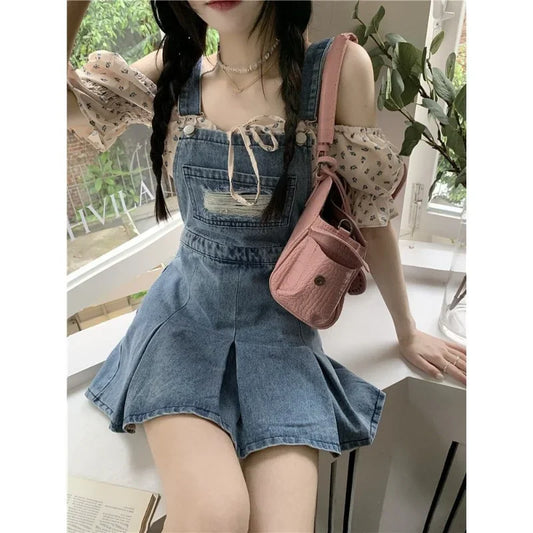 nvxiot-Denim Overall Dresses Women Summer Vintage Blue Elegant Y2k Folds Camisole Pleated Dress Mini Fashion Hotsweet Korean Vestidos