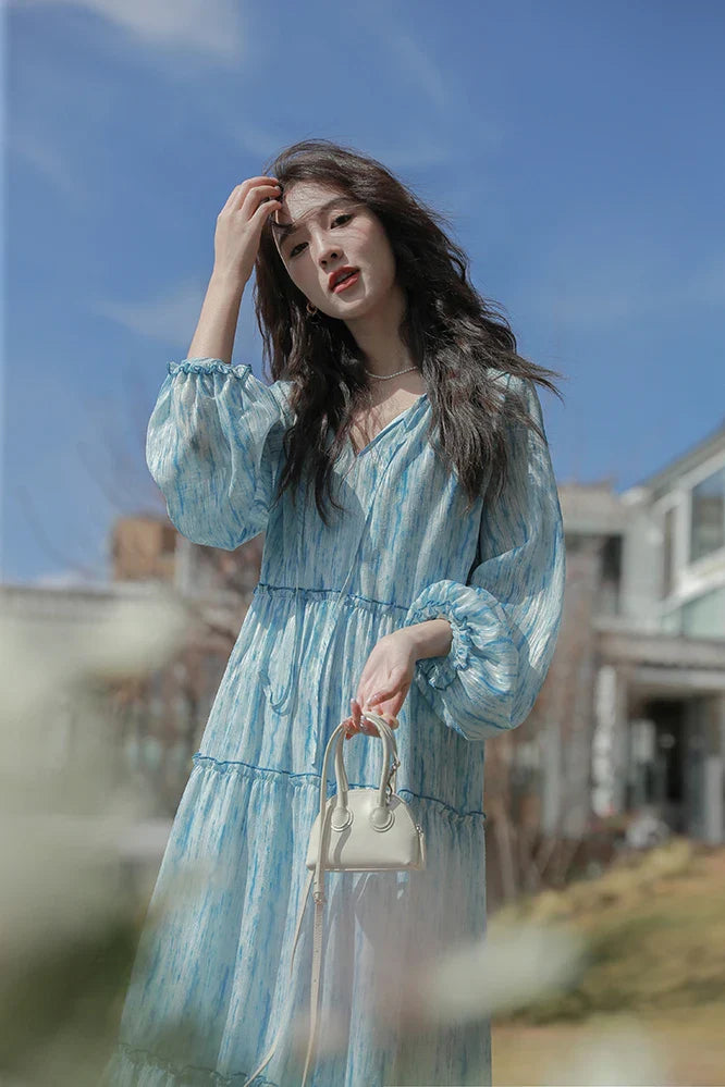 nvxiot  -  Spring 2024 new French floral holiday style long sleeved dress for women's fashion beach style dreamy blue beach long skirt