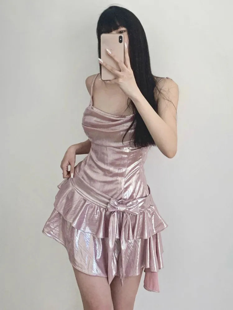 nvxiot-Summer Pink Strap Kawaii Dress Women Backless Elegant Vintage Party Mini Dress Female Bow Belted Sashes Designer Dress 2024