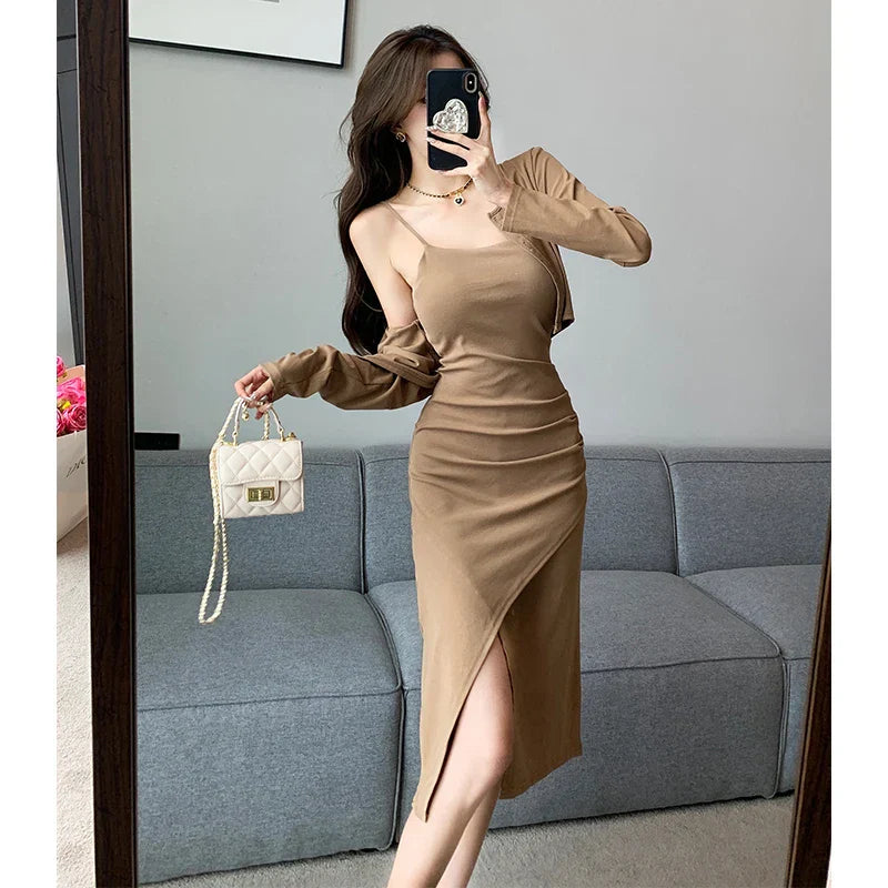 nvxiot-2023 New Autumn Fashion Solid Midi Dresses for Women Long Sleeved Square Neck Elegant Office Lady Korean Dress Female Clothing