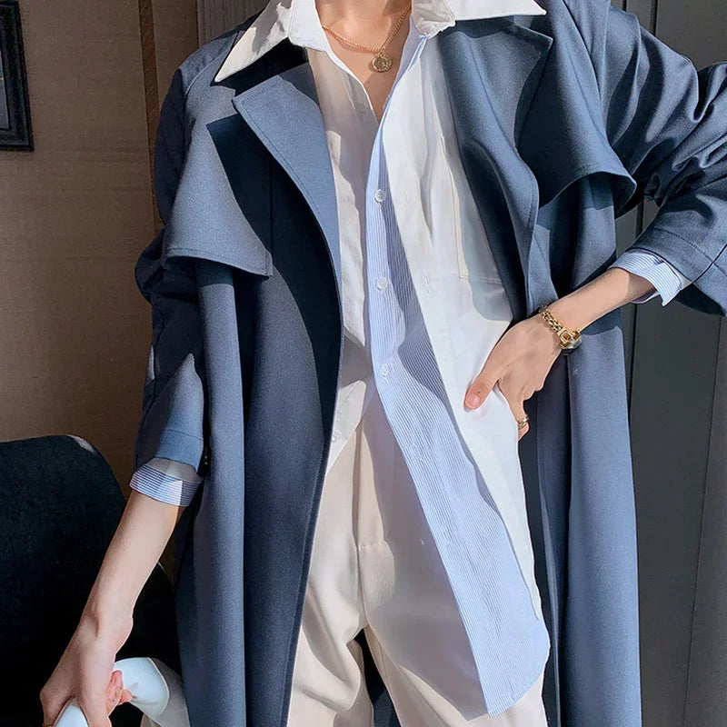 MQTIME  -  Women Plus Size Vintage Casual Long Sleeve T-Shirt 2024 New Fake 2 Pics Patchwork Stripe Spring Tops White Blue Solid Streetwear