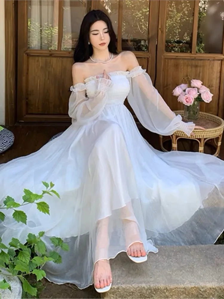 nvxiot Elegant Holiday Beach Dresses Summer Women Solid White Puff Sleeve Slash Neck Off Shoulder Korean Fashion Chiffon Dresses