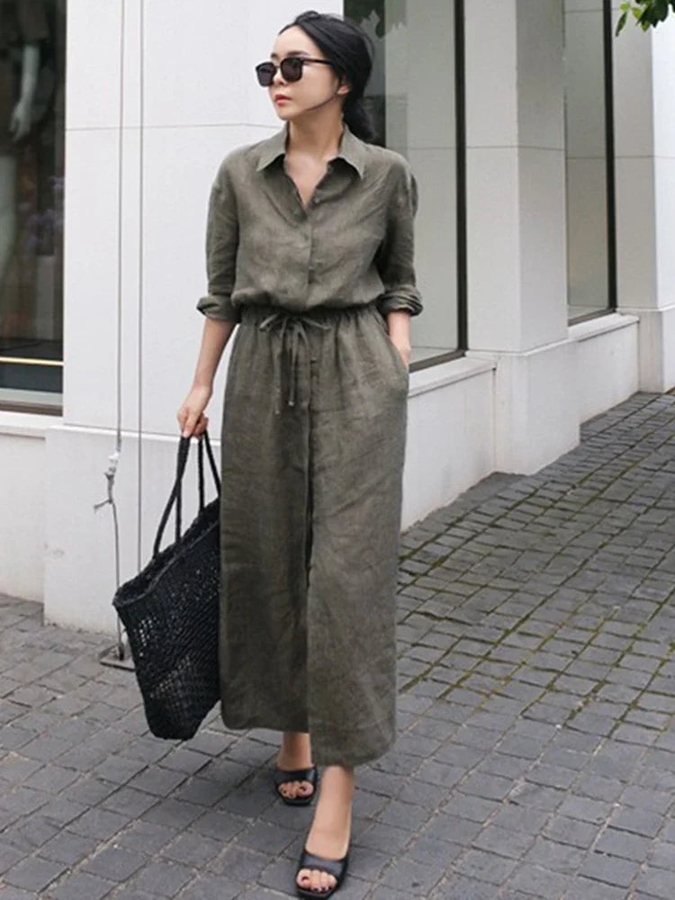 nvxiot Solid Color Lapel Long Sleeve Drawstring Cotton And Linen Loose Woman Dress Casual Fashion 2024 Autumn Dresses New TV144