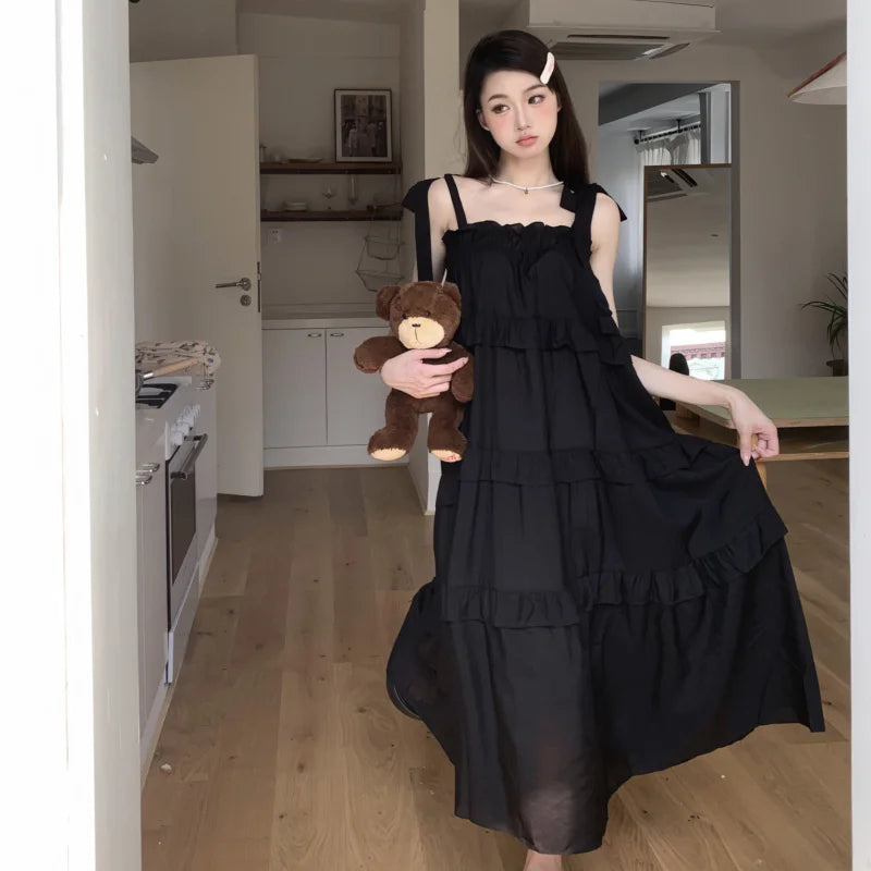 nvxiot  - Summer Korean Patchwork Solid Color Loose Sleeveless Slip Dress Femme Sweet Pleated Lacing Bow Princess Dress New Women Clothes