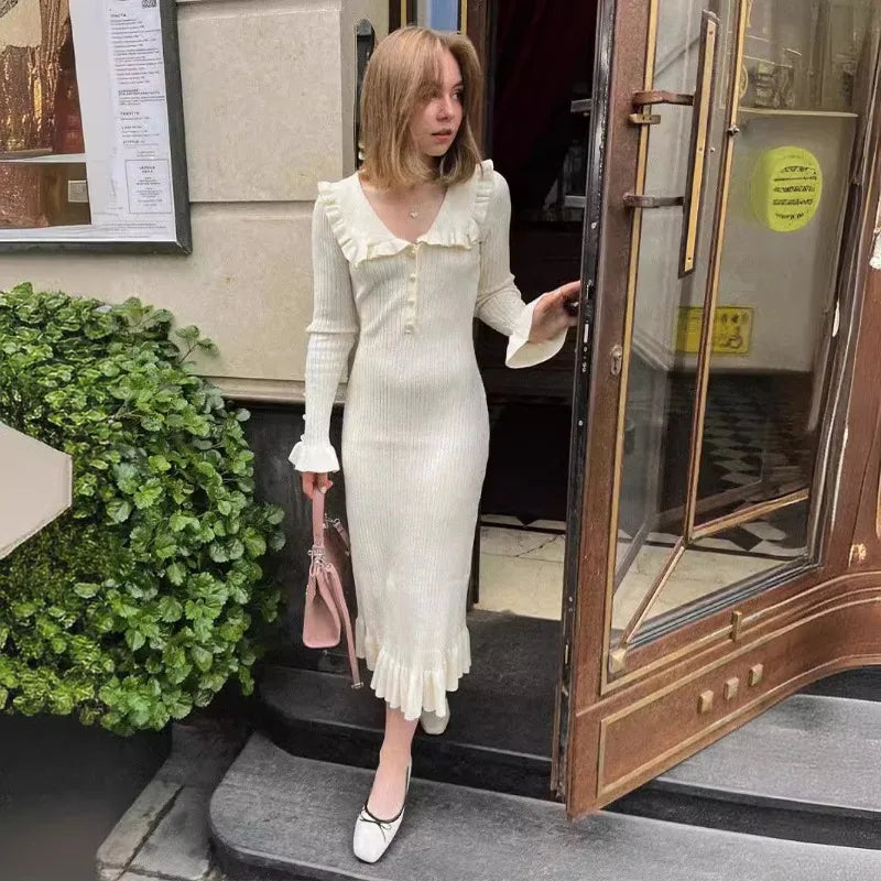 nvxiot Vintage Elegant Knitted Dress Women Autumn Winter Ruffles Patchwork Long Sleeve Pearl Button Bodycon Long Dresses Office